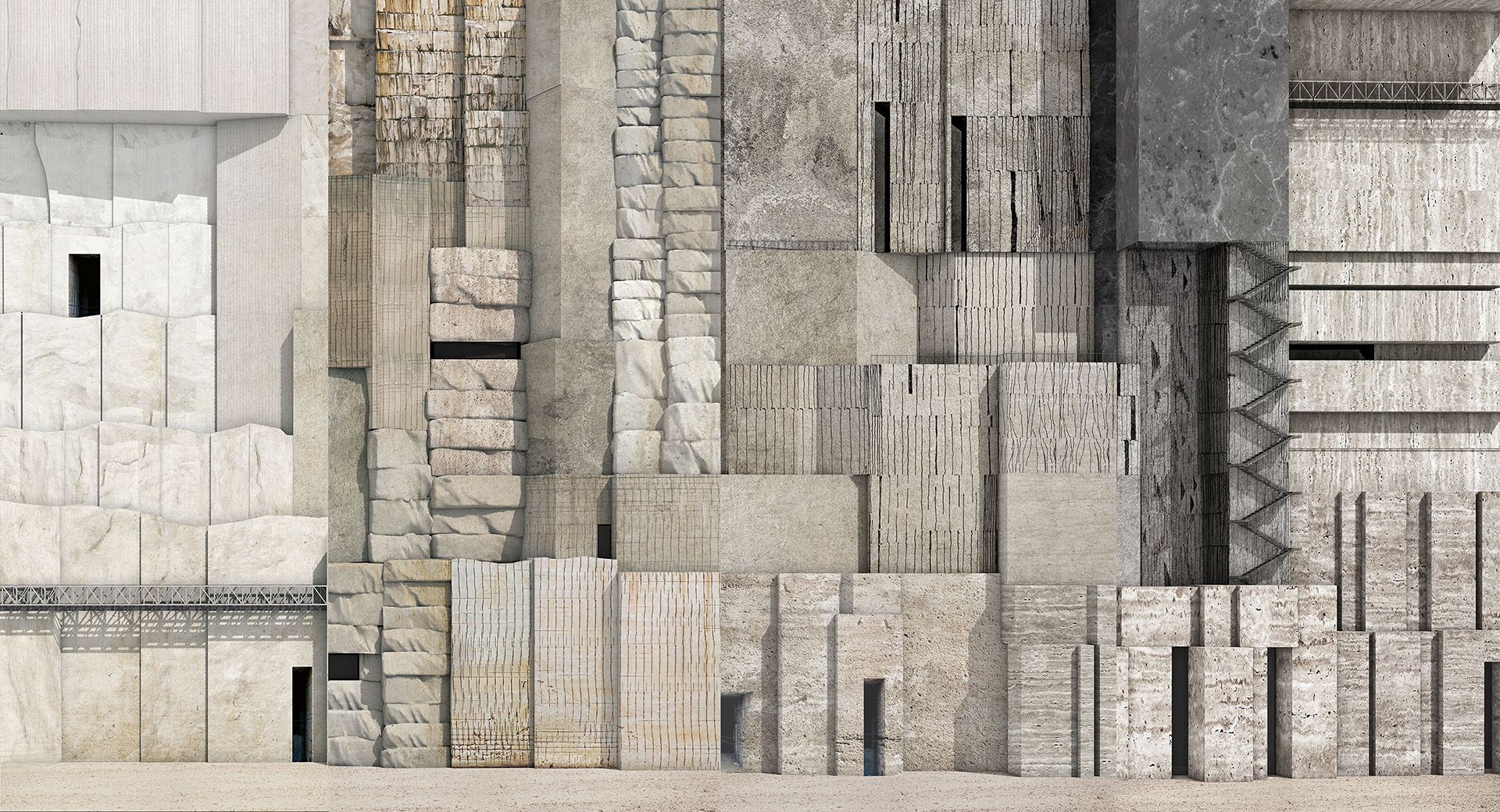 Digital collage of stone architectural elements.