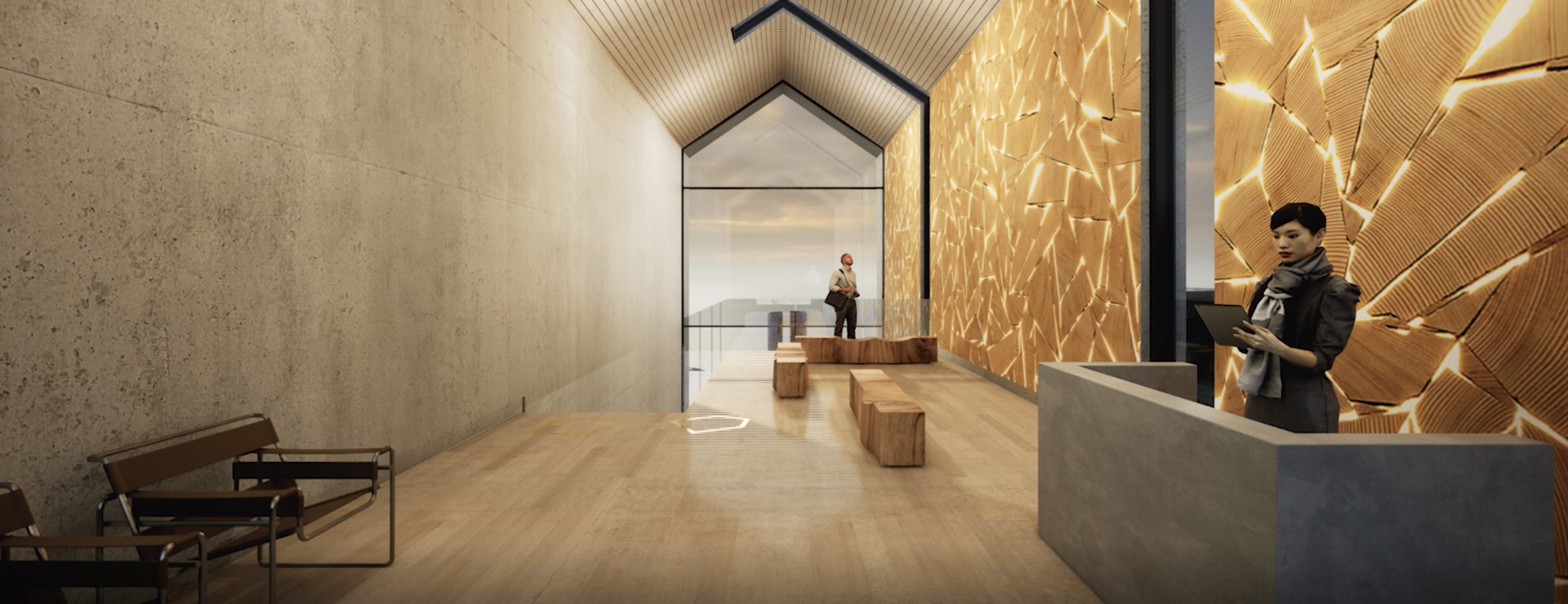 Rendering of an interior space with high ceilings and dramatic wall finishes.