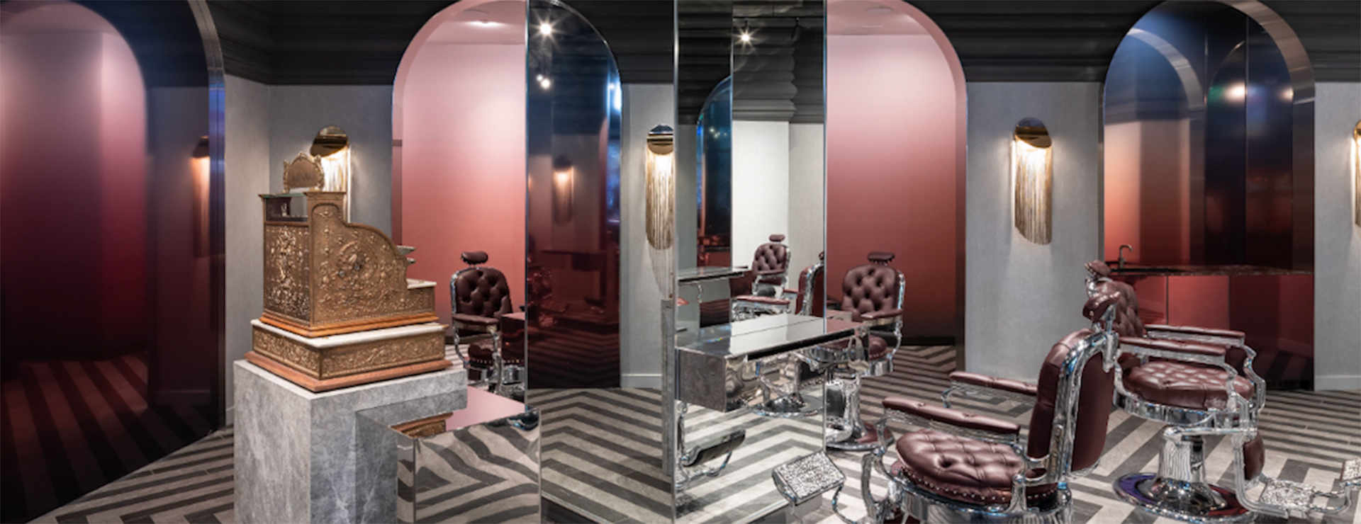 Interior of a barber shop with a bold design