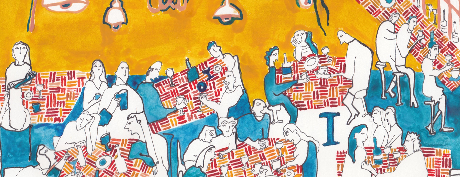 Illustration of a bar scene with lots of people present. Dark blue foregrounds with a crimson background creating quite a dream-like ambience.Characters mostly outlined in black and white and some are coloured blue gather around tables with a brick like pattern of red and orange colours.