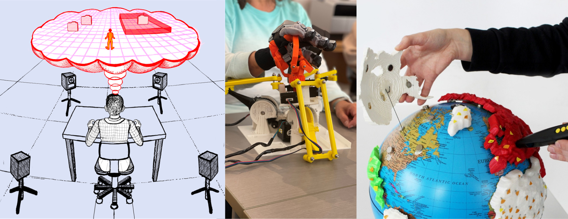 The banner contains 3 images. The first left image is an illustration of a man sitting at a desk surrounded by 4 speakers. A thought bubble above the man shows several icons of computer folders in a 3D environment. The center image shows a 3D printed haptic glove. The right image shows a globe model with removable 3D continents and a pen that allows users to touch the continents and hear an audio description.