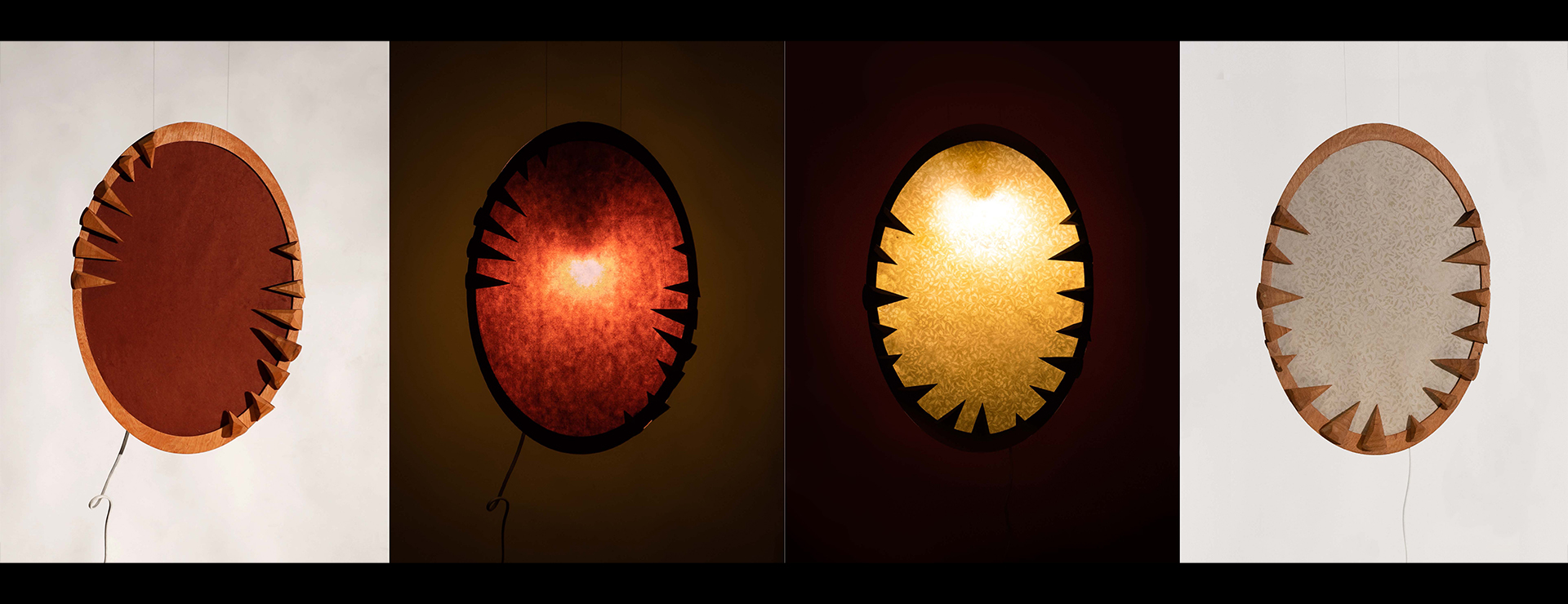 4 snapshots of one ovular wall lamp with jagged edges with two views of each side to showcase what the lamp looks like on and off. featuring textures and lighting: red, dark brown, bright yellow, and beige. Each lamp emits a distinct color and light intensity.