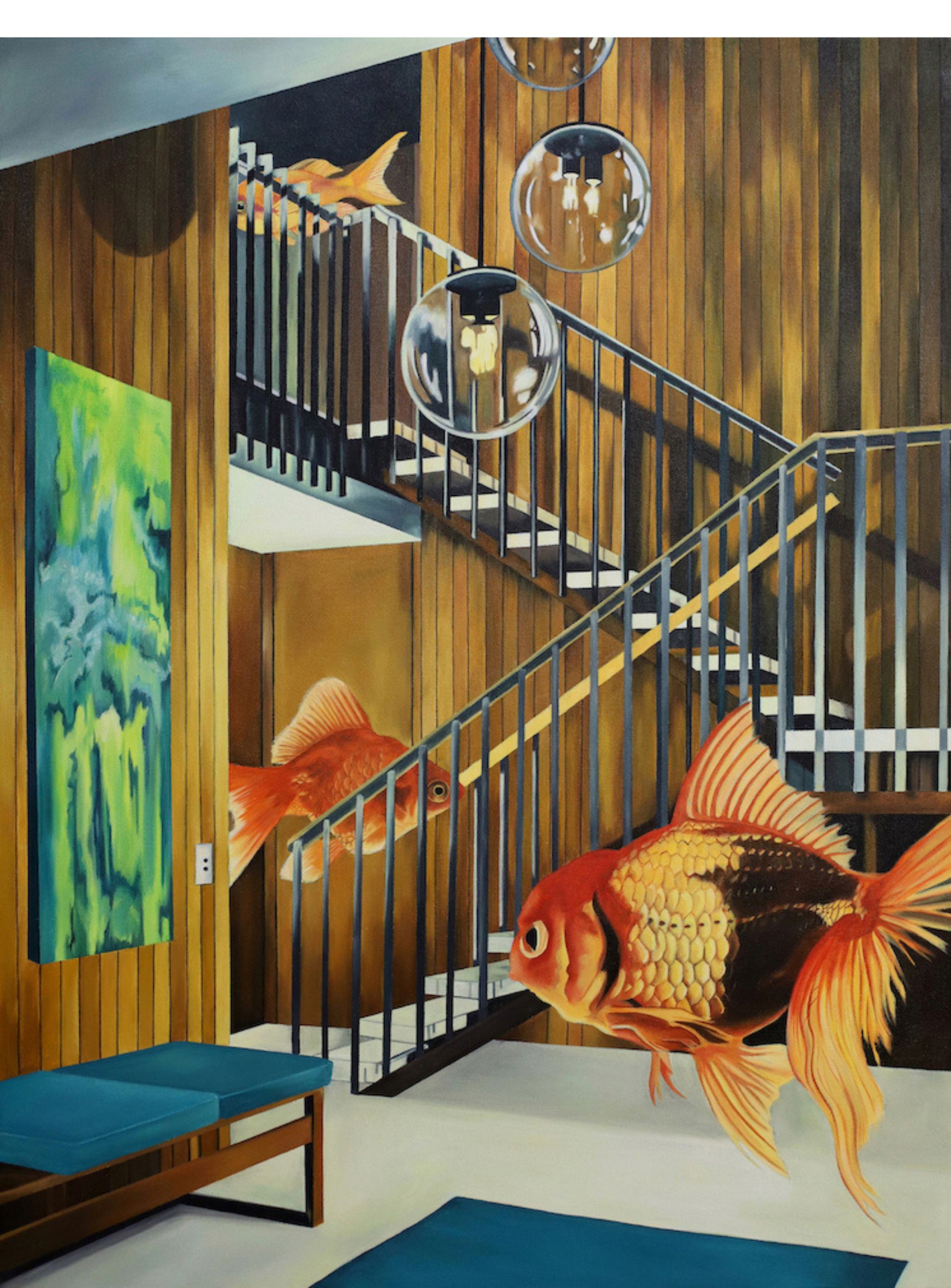 Home interior with staircase and goldfish floating in air.