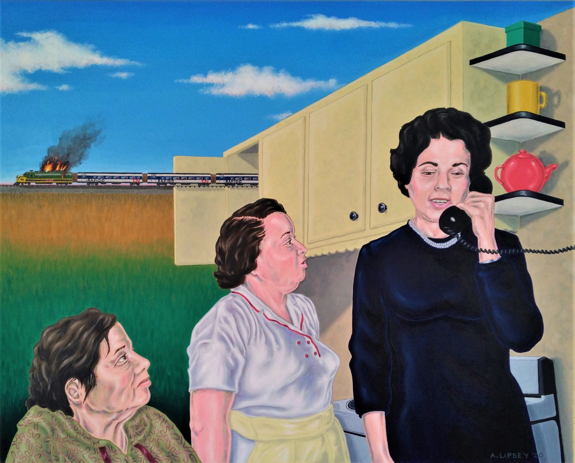 Surreal kitchen scene with 2 seated women and 1 standing woman talking on phone.