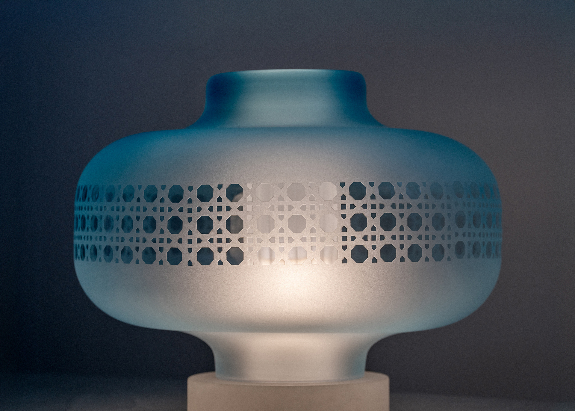 Copper blue lattice lantern lamp.